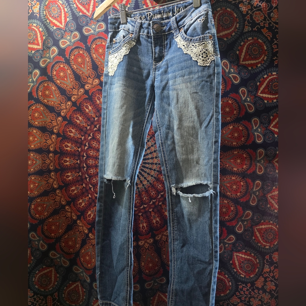 Girls Distressed JUSTICE Jeans with Lace Trim